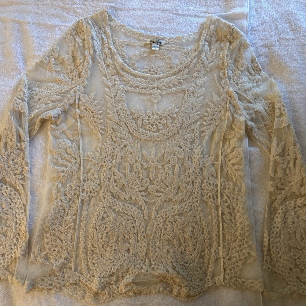 Soho Girls‎ Lace Top Womens One Size Cream Floral Embroidery Sheer Boho Festival